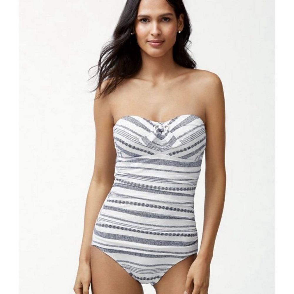 Tommy Bahama Sandbar Stripe Textured Bandeau One-Piece Swimsuit Bathing Suit NWO